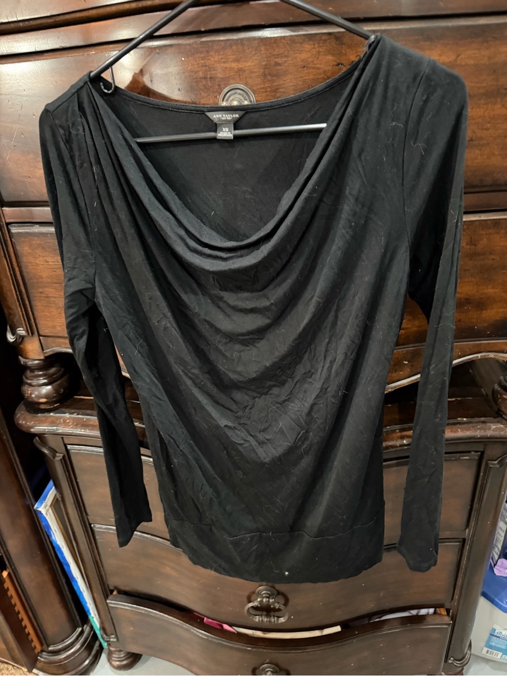 Ann Taylor Black Draped Cowl-Neck Long Sleeve Top